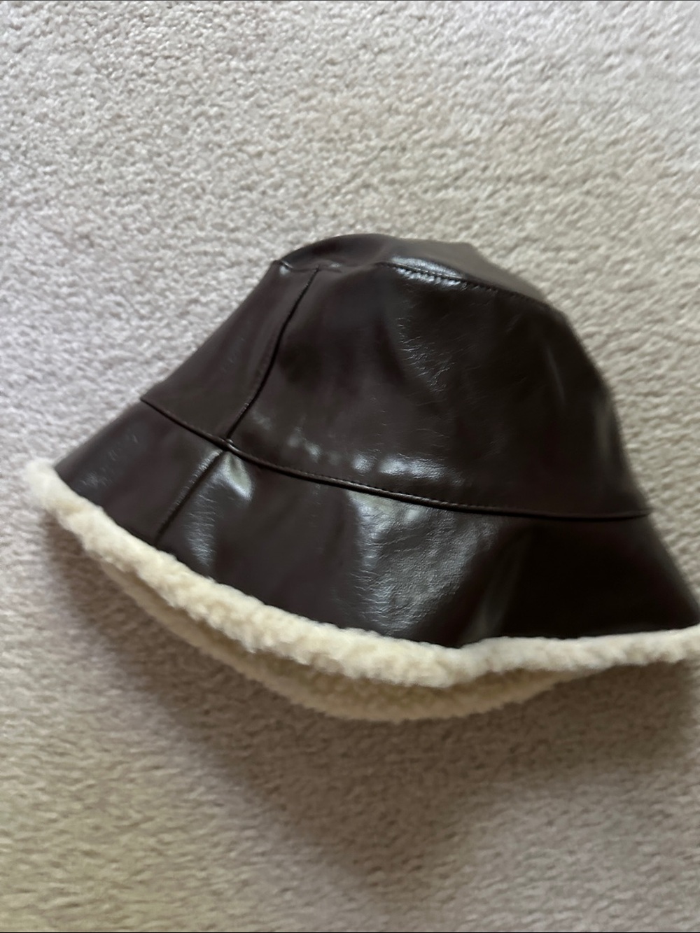 JustFab Dark Brown Faux Leather Bucket Hat with Cream Sherpa Trim